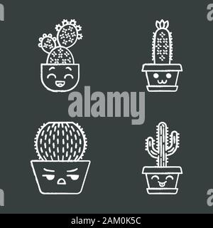 Cactuses chalk icons set. Plants with smiling faces. Laughing Saguaro and prickly pear. Happy hedgehog cactus. Home cacti in pots. Succulent plants. I Stock Vector