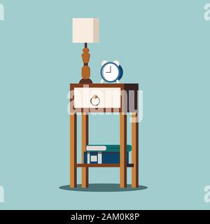 Isolated nightstand with lamp, alarm-clock, books. Stock Vector