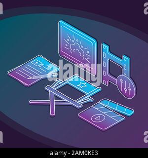Film industry isometric vector illustration. Video production linear icons infographic.  Cinematography, filmmaking 3d concept. Video, motion graphics Stock Vector