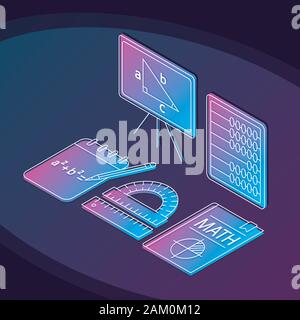 Math isometric color illustration. Geometry and algebra linear icons infographic. Mathematics school subject 3d concept. Drafting tools, textbook, aba Stock Vector