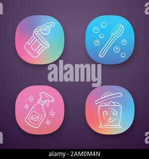 Zero waste swaps handmade app icons set. Eco friendly products. Eco cleaning products, reusable k-cup, bath brush. UI/UX user interface. Web or mobile Stock Vector