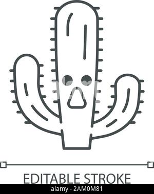 Elephant cactus cute kawaii linear character. Pachycereus with astonished face. Wild cacti. Mexican giant cardon. Amazed plant. Thin line icon. Vector Stock Vector