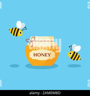 Vector cartoon bees flying around a brimful jar of honey. Stock Vector