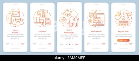 Startup education onboarding mobile app page screen with linear concepts. Business skills improvement walkthrough steps graphic instructions. UX, UI, Stock Vector