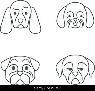 Dogs cute kawaii linear characters. Thin line icon set. Flushed pug. Laughing Shih Tzu. Unamused Rottweiler. Animals with sad muzzles. Vector isolated Stock Vector
