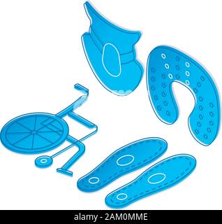 Trauma treatment isometric gradient vector illustration. Orthopedic equipment linear icons infographic.  Neck pillow, wheelchair, cervical collar. Mob Stock Vector