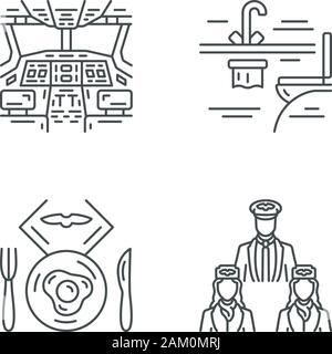 Aviation services linear icons set. Aircrew, airplane toilet, flight breakfast, pilot cockpit. Aircraft travel staff. Thin line contour symbols. Isola Stock Vector
