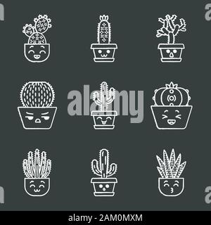 Cactuses chalk icons set. Plants with smiling faces. Laughing Saguaro and peyote cactus. Kissing zebra cacti. Home cacti in pots. Succulent plants. Is Stock Vector