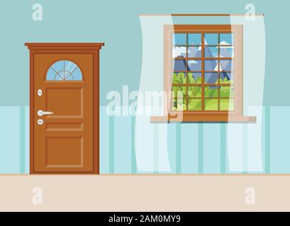 Wooden closed entrance door with window and wooden window Stock Vector