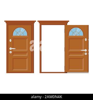 Wooden closed and open entrance door with frame. Stock Vector