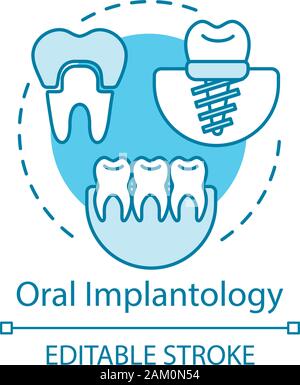 Oral implantology concept icon. Cosmetic dentistry. Implant and crown installation. Teeth treatment and restoration idea thin line illustration. Vecto Stock Vector