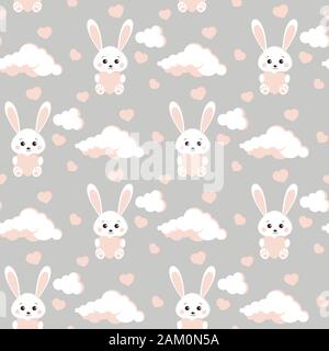 Vector seamless pattern with sweet and cute bunny white rabbit, clouds, pink hearts. Stock Vector