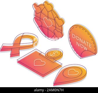 Charity organization isometric color vector illustration. Money donation linear icons infographic. Volunteering 3d concept. Fundraising coral gradient Stock Vector
