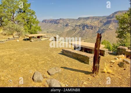 An old rest and picnic area I found by chance while exploring an unmarked trail off of U.S. Highway 60 along the Salt River Canyon in Arizona. Most li Stock Photo