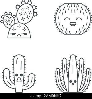 Cactuses cute kawaii linear characters. Plants with sad face. Laughing barrel cactus. Hushed organ pipe. Astonished elephant Thin line icon set. Vecto Stock Vector