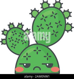Prickly pear cactus cute kawaii vector character. Embarrassed Opuntia with unamused face. Wild paddle cacti. Mexican nature flushed plant. Funny emoji Stock Vector