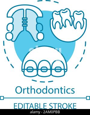 Orthodontics concept icon. Bite correction. Retainers, braces, crooked teeth. Cosmetic dentistry. Smile reconstruction idea thin line illustration. Ve Stock Vector