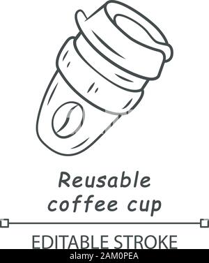 Reusable coffee cup linear icon. Eco friendly packaging. Take and go drink. Eco paper cup for hot coffee. Thin line illustration. Contour symbol. Vect Stock Vector