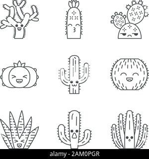 Cactuses cute kawaii linear characters. Plants with smiling face. Laughing barrel and peyote cactuses. Kissing hedgehog cacti. Thin line icon set. Vec Stock Vector