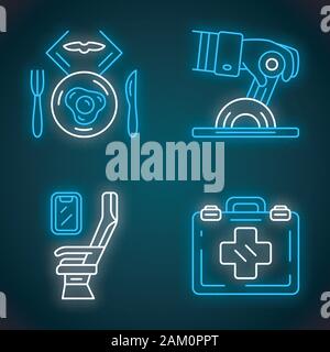 Aviation services neon light icons set. Airplane comfortable seating, first aid kit, jet turbine. Aircraft travel. Journey amenity. Airline facilities Stock Vector