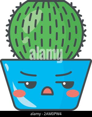 Barrel cactus cute kawaii vector character. Cactus with angry face. Echinocactus home cacti in pot. Flushed plant with frowning eyebrows. Funny emoji, Stock Vector