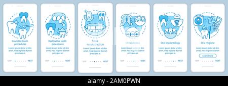 Dental clinic services onboarding mobile app page screen with linear concepts. Dentistry. Teeth restoration walkthrough steps graphic instructions. UX Stock Vector