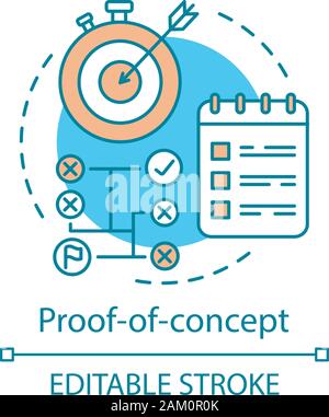 Proof-of-concept concept icon. PoC. Reaching target on time. Strategy. Attaining success. Planning and achieving goal idea thin line illustration. Vec Stock Vector