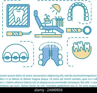 Orthodontics article page vector template. Smile reconstruction. Brochure, magazine, booklet design element with linear icons and text boxes. Print de Stock Vector