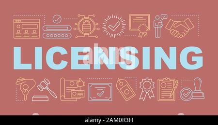 Licensing word concepts banner. Verification and validation. Confirmation. Isolated lettering typography idea with linear icons. Certificates, awards, Stock Vector