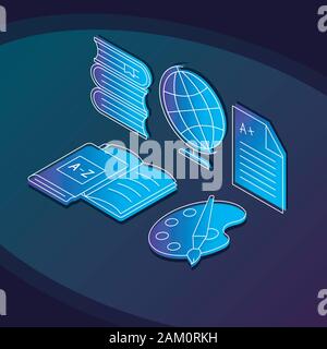 University education isometric color vector illustration. Studying linear icons infographic. School subjects, classes 3d concept. Academic learning. K Stock Vector