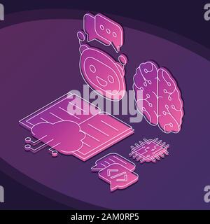 Artificial intelligence isometric gradient color vector illustration. Machine learning linear icons infographic. Process automation. Digital futuristi Stock Vector