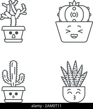 Cactuses cute kawaii linear characters. Hushed elephant cacti. Laughing peyote cactus with sad face. Kissing zebra home cacti. Thin line icon set. Vec Stock Vector