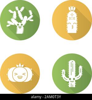 Cactuses flat design long shadow glyph icons set. Plants with smiling faces. Laughing peyote cactus, teddy bear cholla. Kissing hedgehog wild cacti. S Stock Vector