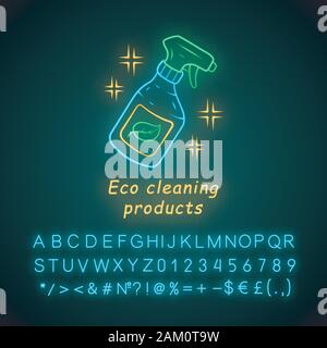 Eco cleaning products neon light icon. Homemade chemicals free spray. Organic, natural, eco friendly cleaning product. Glowing sign with alphabet, num Stock Vector