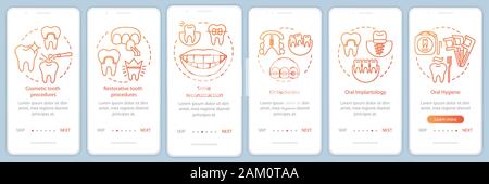 Dental clinic services onboarding mobile app page screen with linear concepts. Cosmetic dentistry walkthrough steps graphic instructions. UX, UI, GUI Stock Vector
