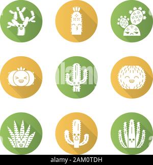 Cactuses flat design long shadow glyph icons set. Plants with smiling faces. Laughing barrel and peyote cactuses. Kissing hedgehog wild cacti. Succule Stock Vector