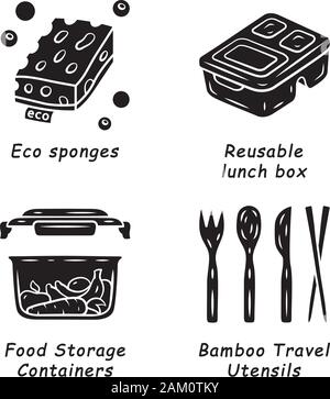 Zero waste swaps handmade glyph icons set. Eco friendly products, materials. Eco sponges, reusable lunch box, food storage containers, travel utensils Stock Vector