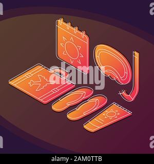 Summer vacation isometric color vector illustration. Travel, tourism linear icons infographic. Sea resort, trip 3d concept. Summer holiday, weekend, r Stock Vector