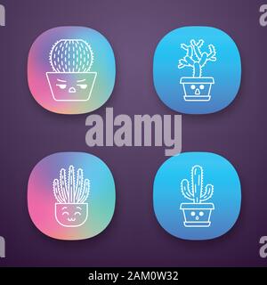 Cactuses app icons set. Plants with sad faces. Angry barrel cactus. Organ pipe cacti. Hushed teddy bear cholla in pot. UI/UX user interface. Web or mo Stock Vector