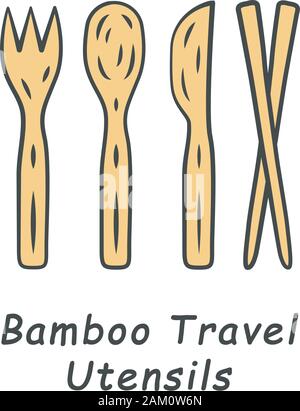 Bamboo travel utensils color icon. Zero waste swap. Disposable, recycle, reusable material. Organic spoon, fork, knife, sticks. Wooden cutlery. Kitche Stock Vector