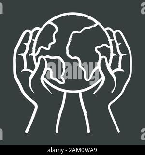 Saved planet chalk icon. Environmental sustainability. World protection. Global Earth day. Hands hold planet. Eco friendly environment. Ecology, natur Stock Vector