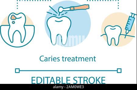 Caries treatment concept icon. Modern dentistry. Tooth filling. Oral therapy. Dentist work. Stomatological service idea thin line illustration. Vector Stock Vector