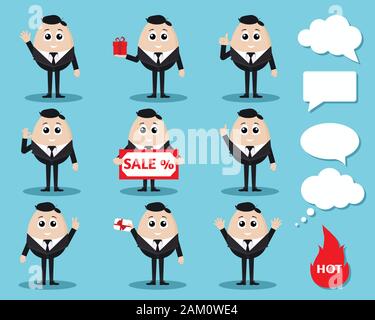 Sale set of isolated vector elegant smiling businessman in black suit with white shirt. Stock Vector