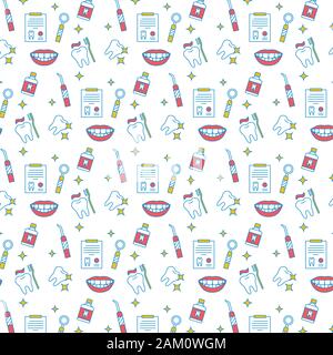 Dental care seamless color pattern. Teeth hygiene, treatment. Practice for healthy teeth. Oral health background. Dentistry wrapping paper, wallpaper Stock Vector