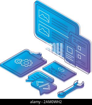 Coding isometric color vector illustration. Software programming linear icons infographic. Technical assistance, maintenance 3d concept. Gradient isol Stock Vector