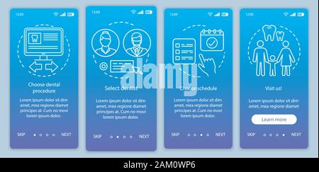 Dental clinic appointment onboarding mobile app page screen vector template. Routine dentist visit. Walkthrough website steps with linear illustration Stock Vector