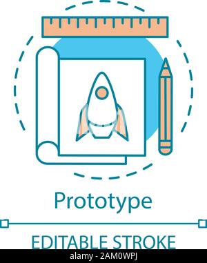 Product prototype concept icon. Startup planning. Prototyping and model making. Drawing album with sketch rocket, ruler and pencil. First version of d Stock Vector