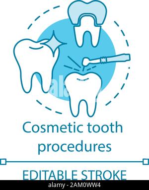 Cosmetic tooth procedures concept icon. Dental therapy, whitening and restoration. Tooth treatment, setting crown idea thin line illustration. Vector Stock Vector
