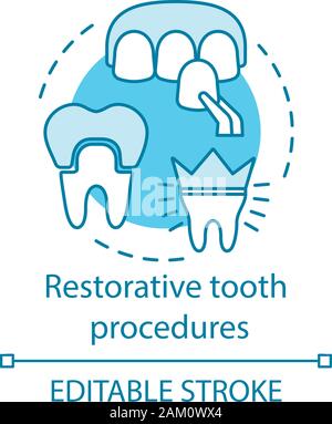 Restorative tooth procedures concept icon. Dentist work. Modern dentistry. Color matching and crown installation idea thin line illustration. Vector i Stock Vector