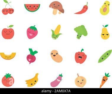 Vegetables and fruits cute kawaii flat design long shadow characters set. Watermelon and banana with smiling faces. Happy beetroot, avocado. Funny emo Stock Vector